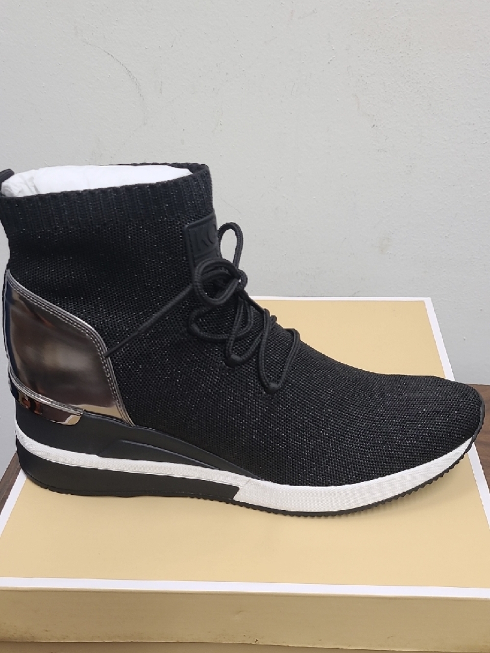 MICHAEL Michael Kors Skyler Black/Gunmetal Knit Lace-Up Sock Bootie